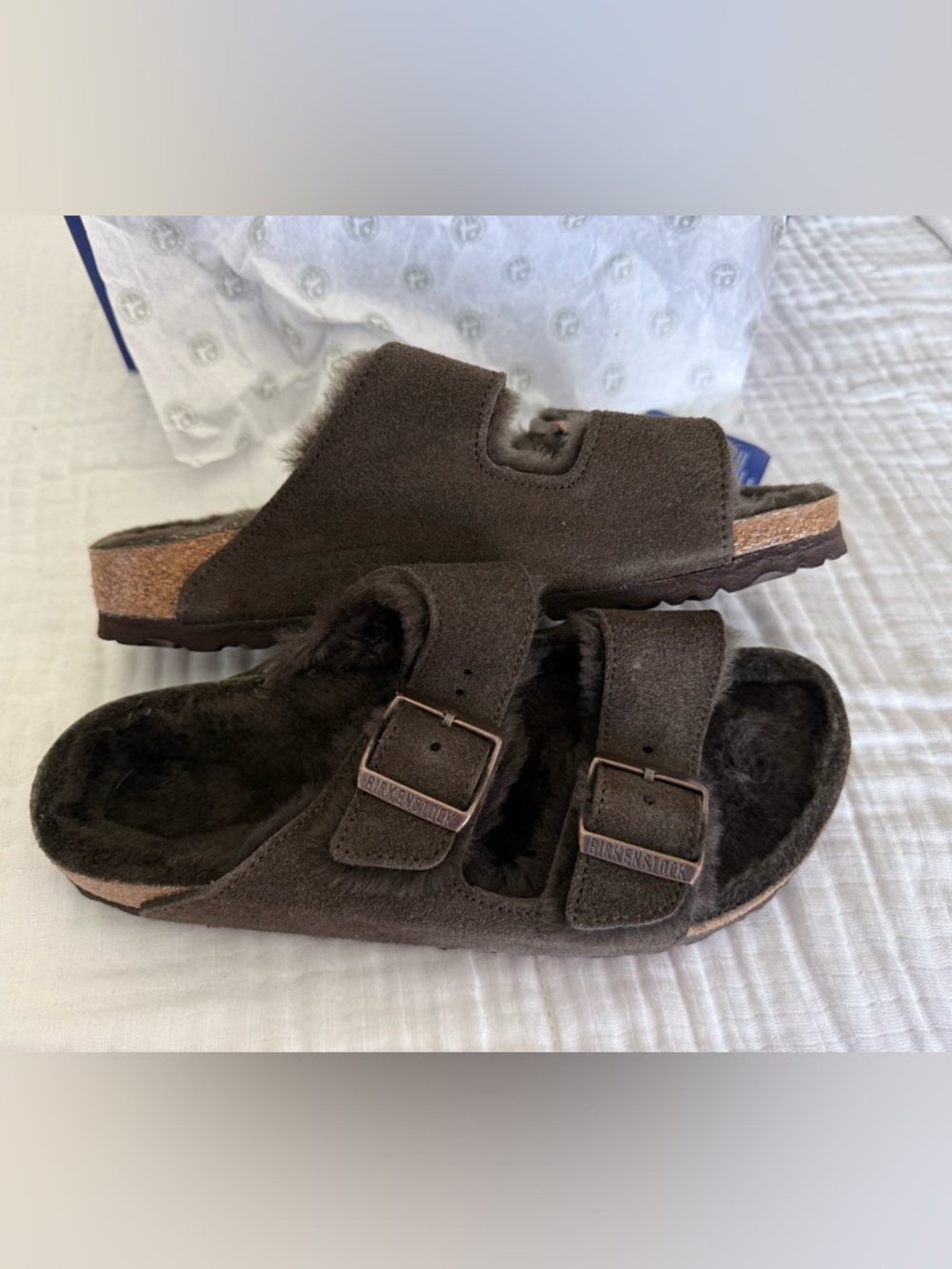 NWT Birkenstock Arizona Shearling Suede Leather Sandals Size 38 Narrow/Medium
